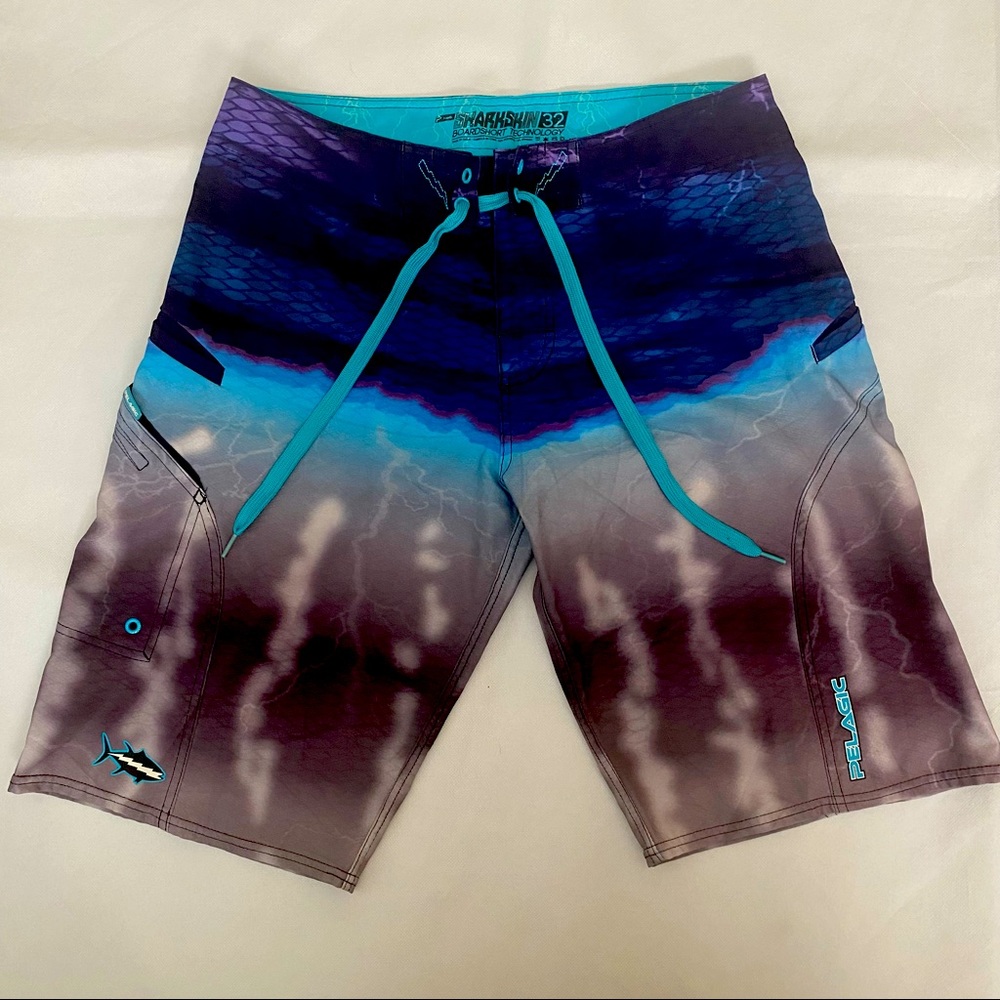 Pelagic Sharkskin Boardshorts Purple, Blue, Gray 32 EUC